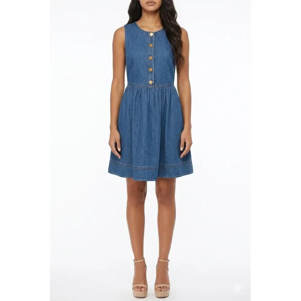 Kate Spade - Blue Medium Wash Denim w/ Gold Bodice Buttons Sleeveless Dress Sz 6